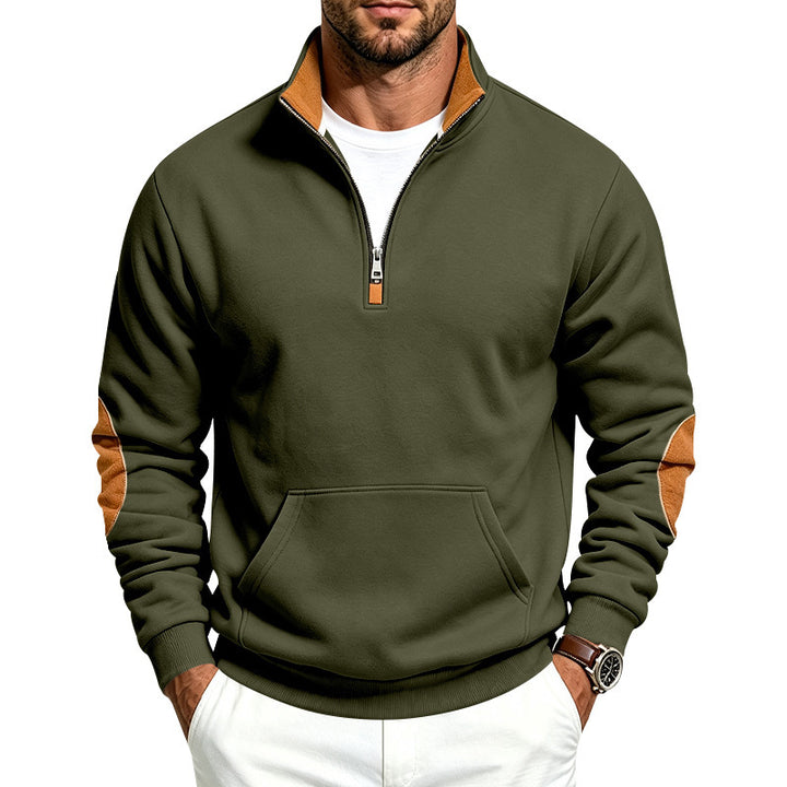 Men's Troyer sweater with half zip, kangaroo pocket, and elbow patches Mune Fashion