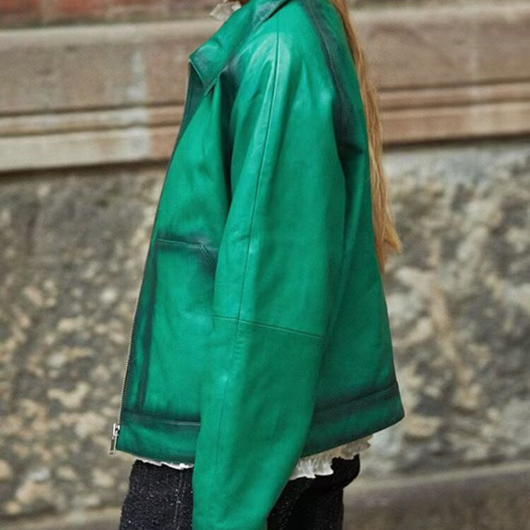 Women Boxy Faux Leather Jacket with Large Shirt Collar and Continuous Zipper Mune Fashion