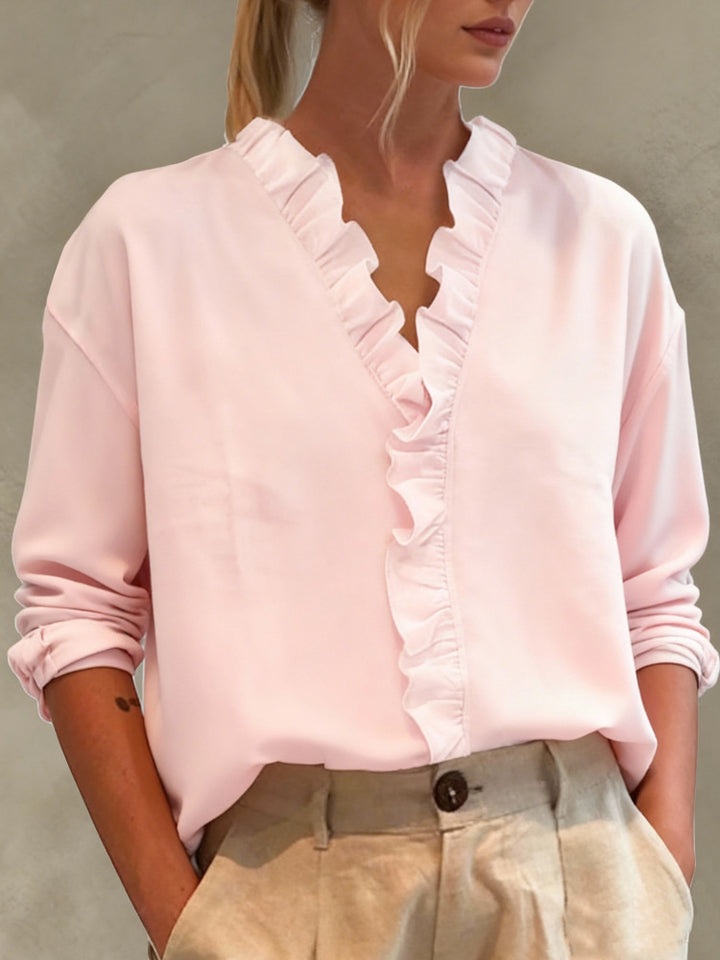 Ladies Elegant V-Neck Blouse with Ruffle Trim and Loose Oversized Cut