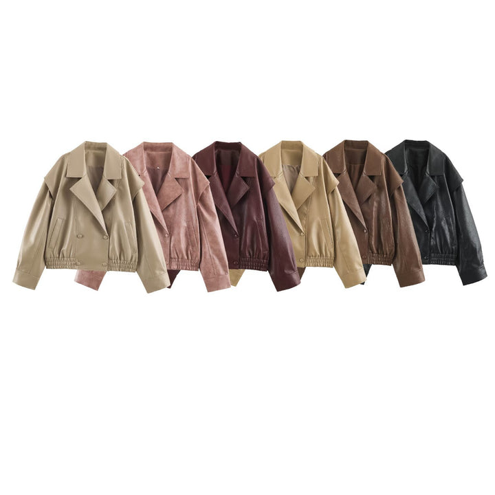 Ladies Oversized Faux Leather Jacket with Double Breasted, Wide Lapels and Elastic Hem Mune Fashion