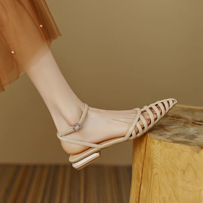 Women’s pointed toe lattice sandal with fine straps, adjustable ankle strap, and low block heel Mune Fashion