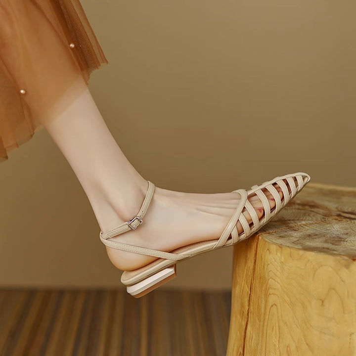 Women’s pointed toe lattice sandal with fine straps, adjustable ankle strap, and low block heel Mune Fashion