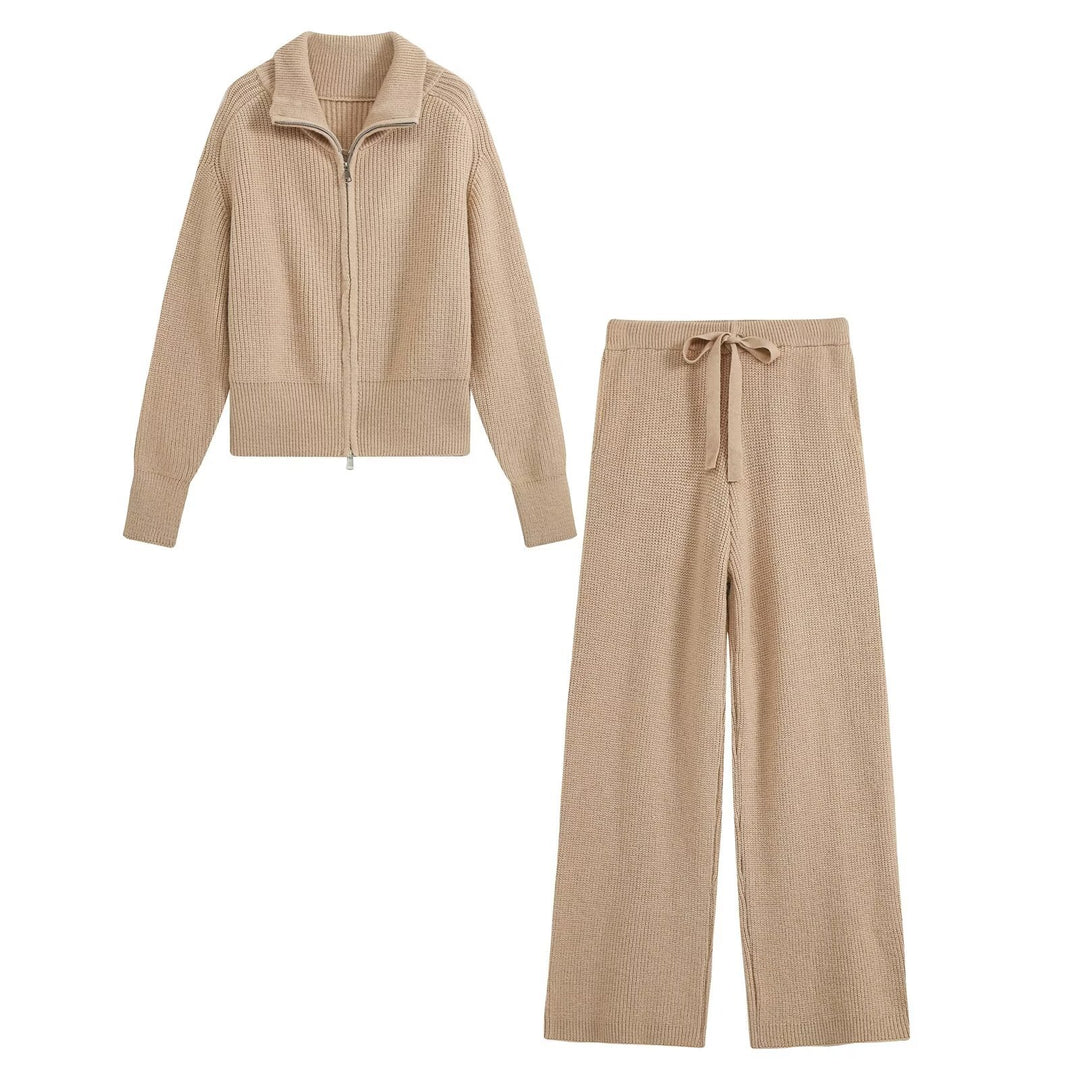 Women fine-structured knit set with zip cardigan and wide pants Mune Fashion