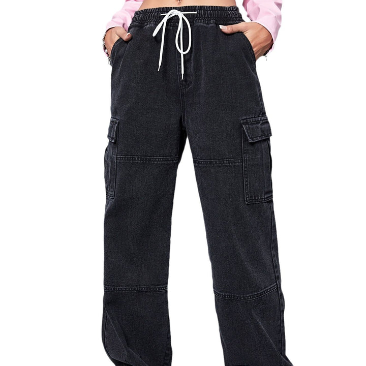 Women's Wide Cargo Denim Pants with Drawstring Waist, Oversize Cut and Patch Pockets Mune Fashion