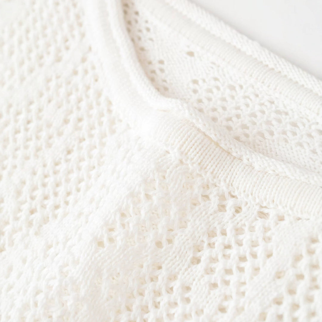 Women's Short Cut Lace Knit Crop Top with Round Neckline and Slightly Flared Sleeves Mune Fashion