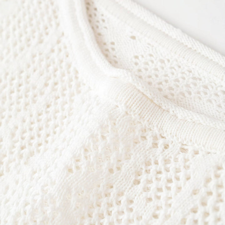 Women's Short Cut Lace Knit Crop Top with Round Neckline and Slightly Flared Sleeves Mune Fashion
