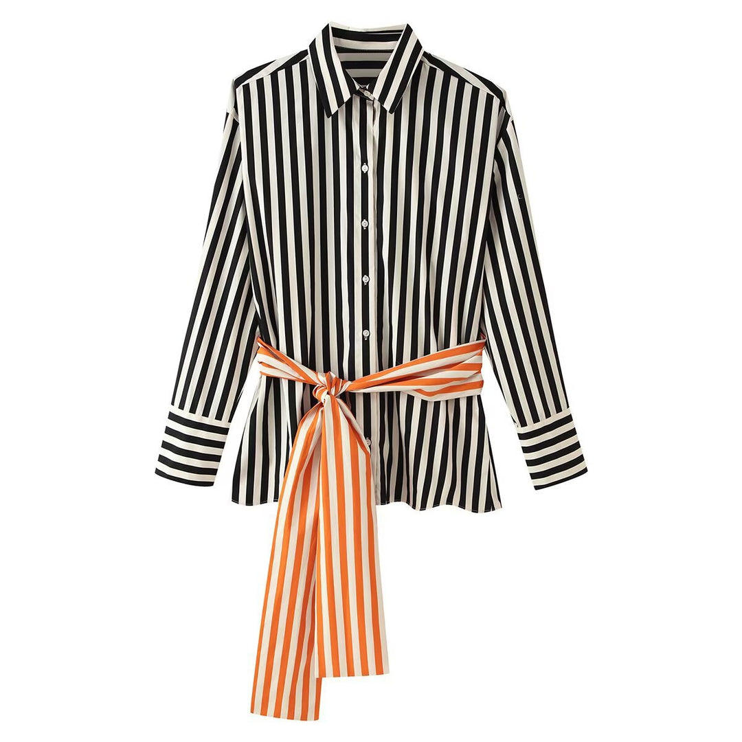 Women's Striped Shirt Blouse with Long Sleeves and Contrasting Waist Belt Mune Fashion