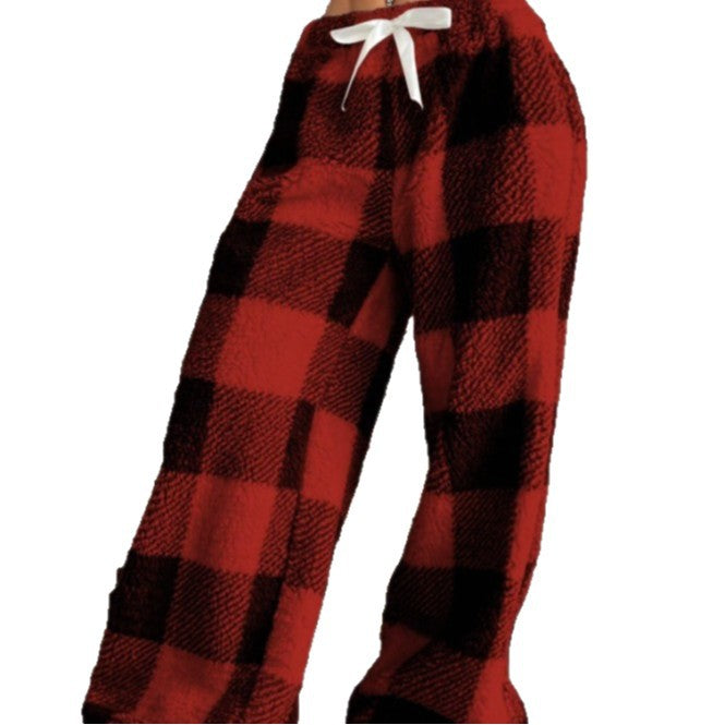 Women's cozy checked fleece pants with drawstring waistband and wide leg Mune Fashion