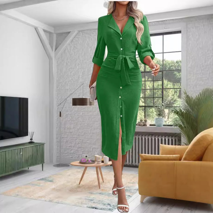 Women Tailored Shirt Blouse Midi Dress with Ties Belt, Full Button Placket and Three-Quarter Sleeves Mune Fashion