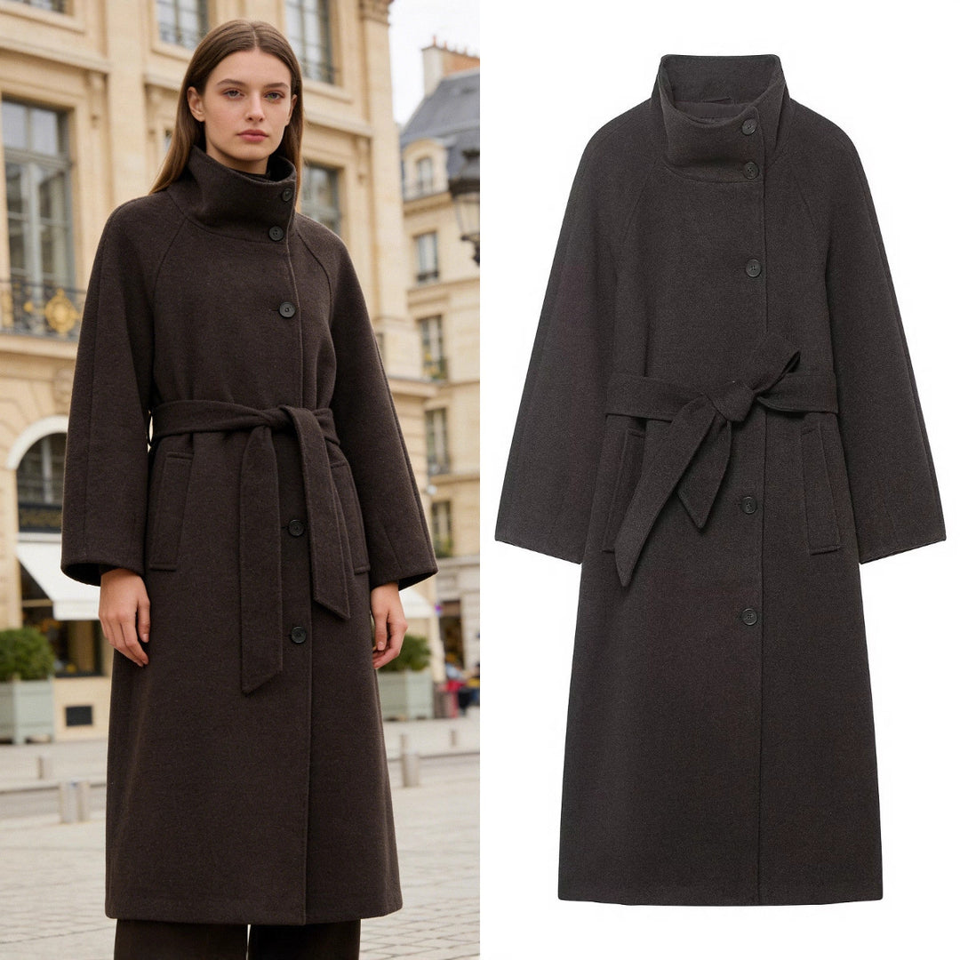 Ladies wool coat with waist belt, stand-up collar and raglan sleeves Mune Fashion