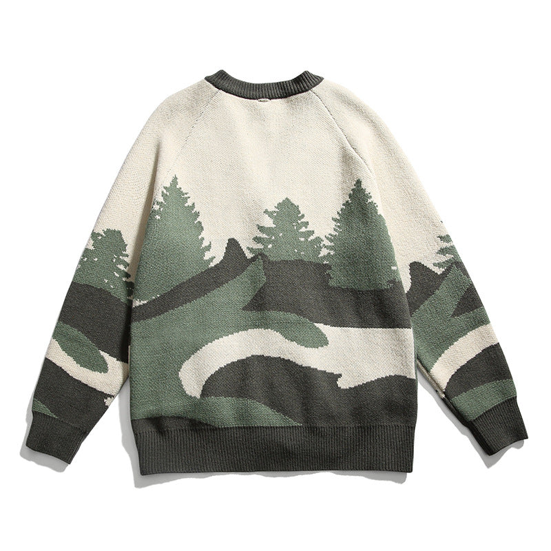 Unisex Chunky Knit V-Neck Cardigan with Landscape Jacquard Pattern and Patch Pockets Mune Fashion