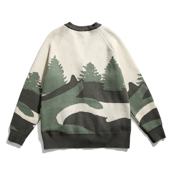 Unisex Chunky Knit V-Neck Cardigan with Landscape Jacquard Pattern and Patch Pockets Mune Fashion