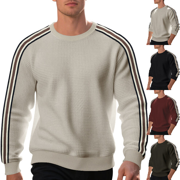 Men's waffle knit sweater with contrasting sleeve stripes and round neckline Mune Fashion