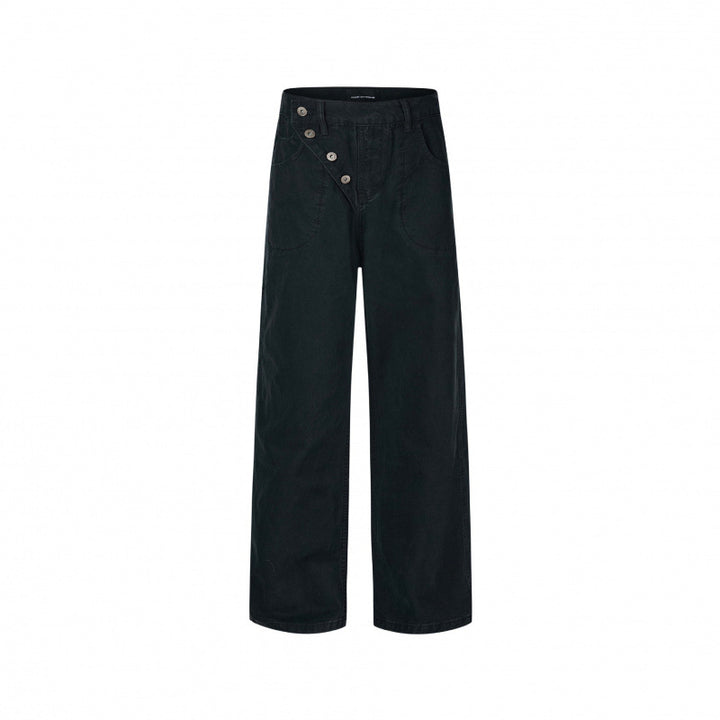 Women's wide high-waist pants with asymmetric button placket and patch pockets Mune Fashion