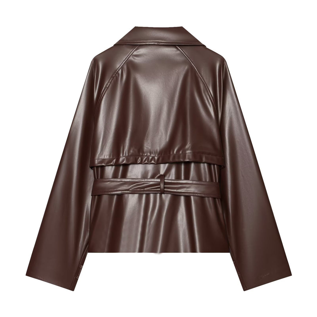 Women tailored faux leather jacket with stand-up collar, tie belt and double-breasted button placket Mune Fashion