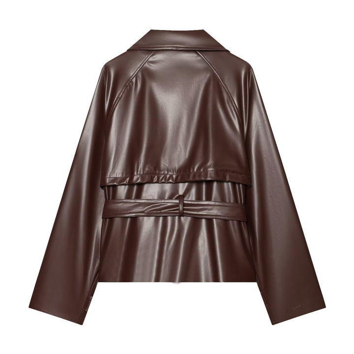 Women tailored faux leather jacket with stand-up collar, tie belt and double-breasted button placket Mune Fashion