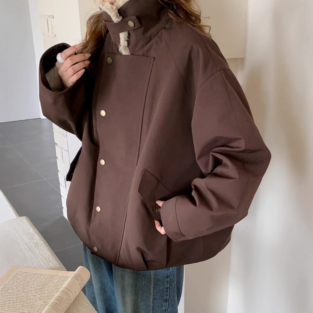 Women Oversize Utility Jacket with High Teddy Collar and Snap Button Placket Mune Fashion