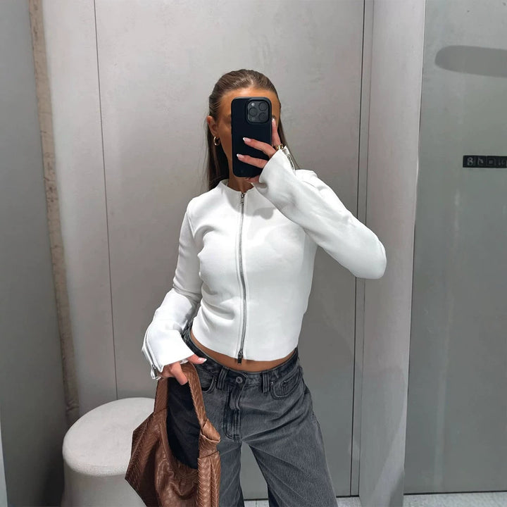 Ladies Tailored Cropped Cardigan with Full Metal Zipper and Extended Cuff Zippers Mune Fashion