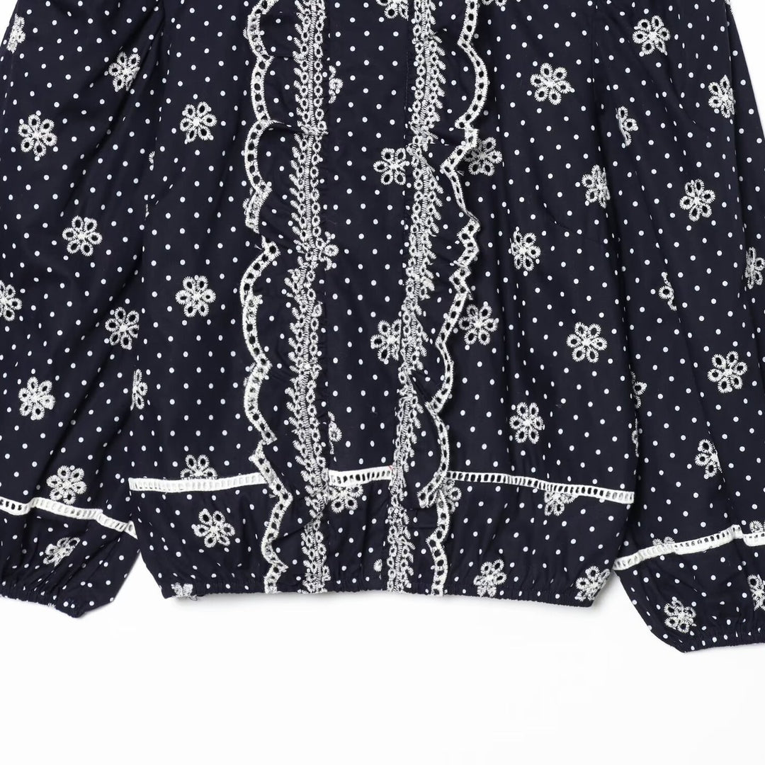 Women Embroidered Polka Dot Blouse with Ruffles and Balloon Sleeves Mune Fashion