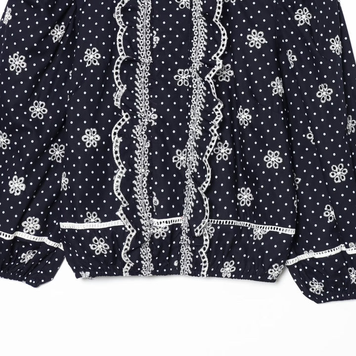 Women Embroidered Polka Dot Blouse with Ruffles and Balloon Sleeves Mune Fashion