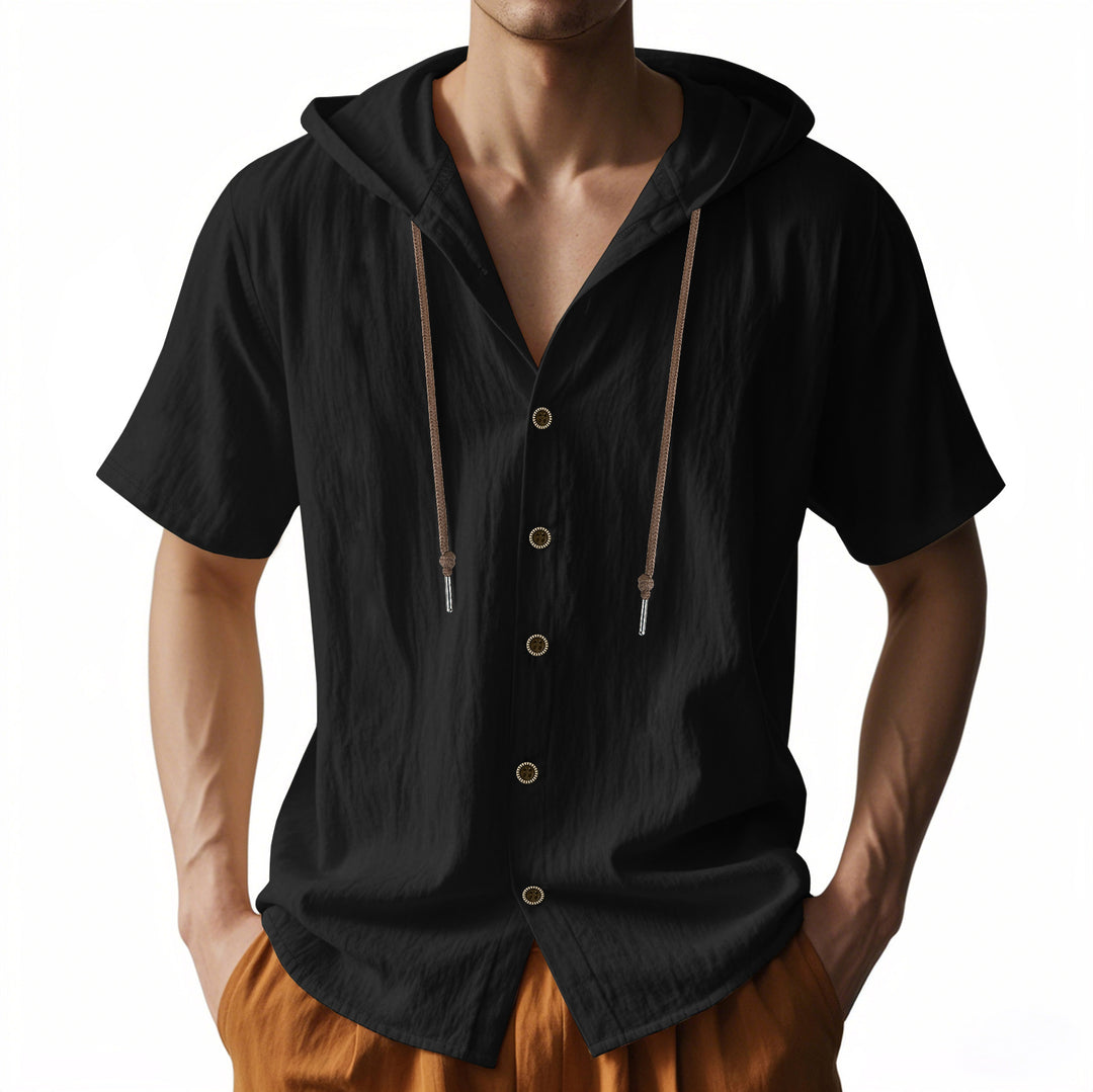 Men's breathable short sleeve hoodie made of linen blend with wooden button placket and drawstring Mune Fashion