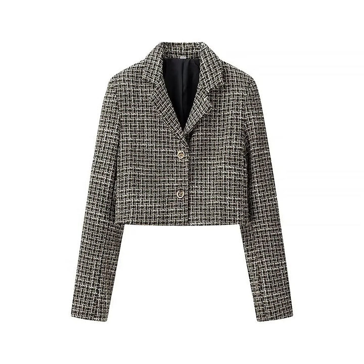 Women's short blazer made of bouclé tweed with a boxy cropped silhouette Mune Fashion