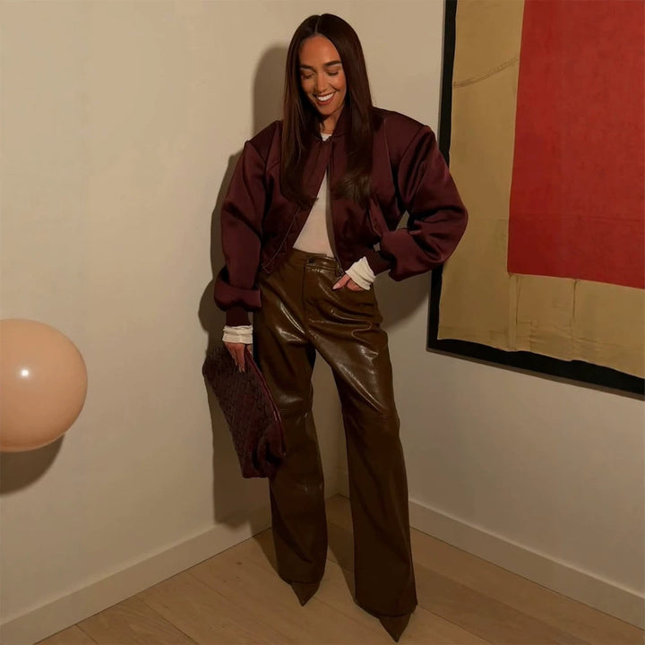 Ladies Short Satin Bomber with Boxy Silhouette, Flap Pockets and Elastic Cuff Mune Fashion