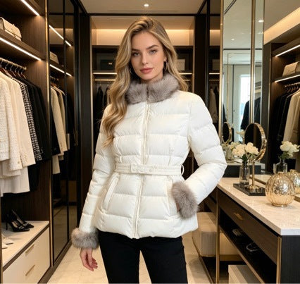Women's short tailored winter quilted jacket with removable faux fur collar, tonal waist straps and concealed two-way zipper Mune Fashion
