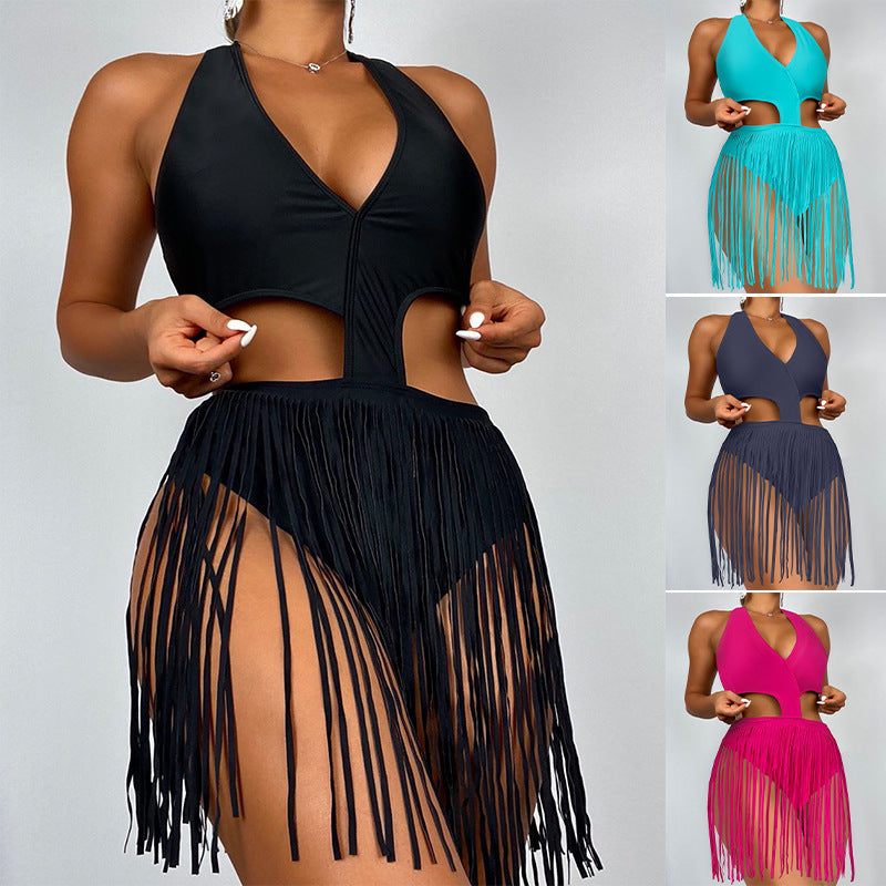 Women's One-Piece Swimsuit with Fashionable Cut-Out and Fringe