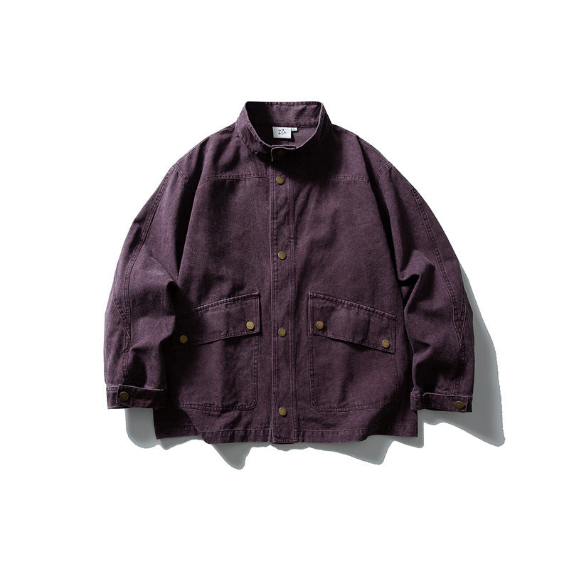 Unisex cleverly tailored canvas worker blouson jacket with stand-up collar and snap button front Mune Fashion