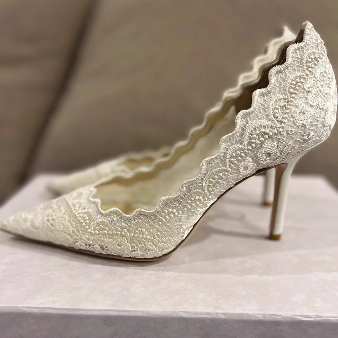 Women's Elegant Lace Pumps with Wavy Edge and Slim Stiletto Heel Mune Fashion
