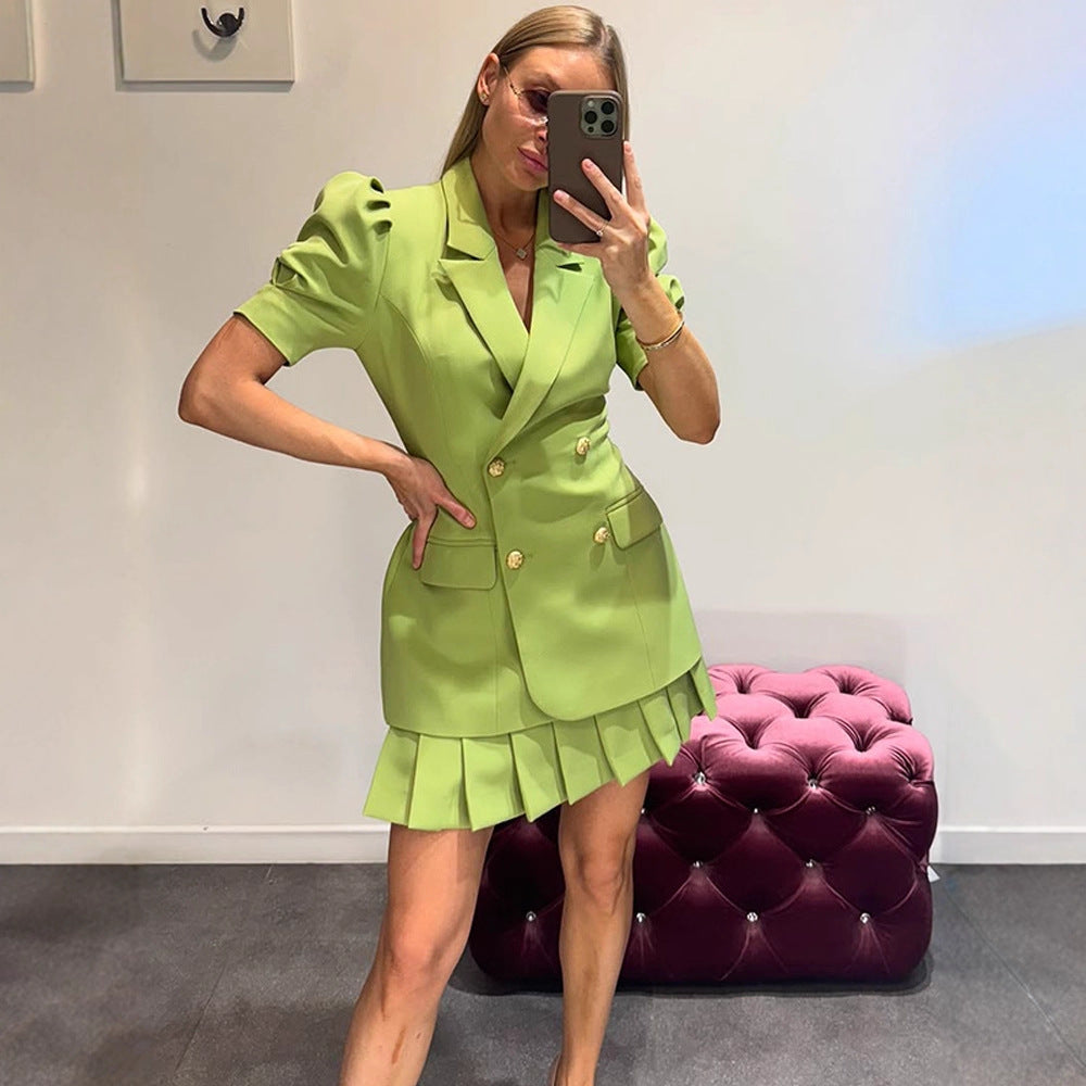 Women Double-Breasted Blazer Dress with Puff Sleeves and Pleated Hem Mune Fashion