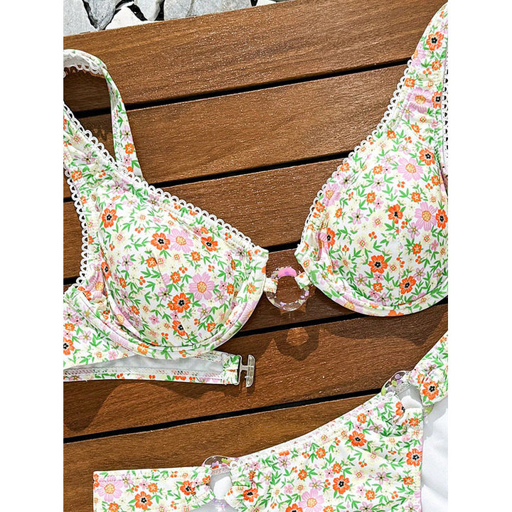 Women's bikini set with floral print and sophisticated ruffles