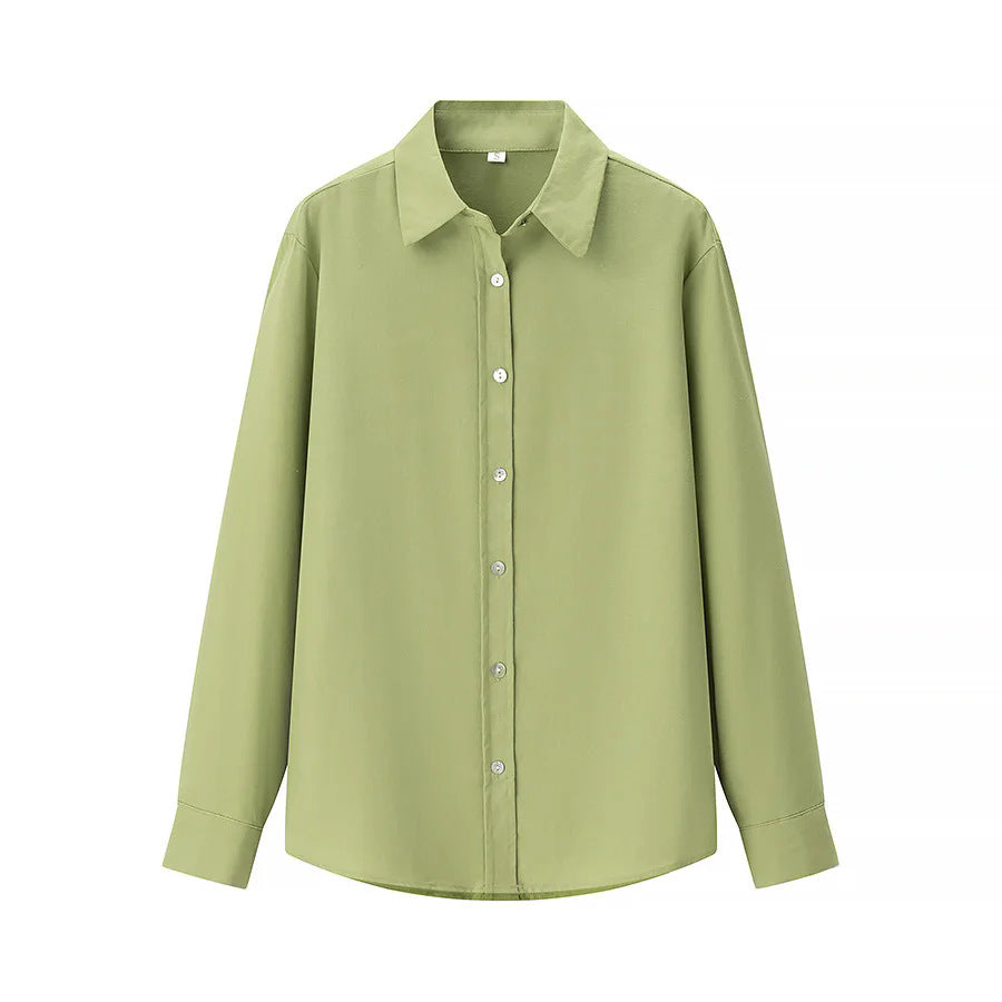 Women's casual oversized boyfriend shirt with shirt collar, concealed button placket, and rounded hem Mune Fashion