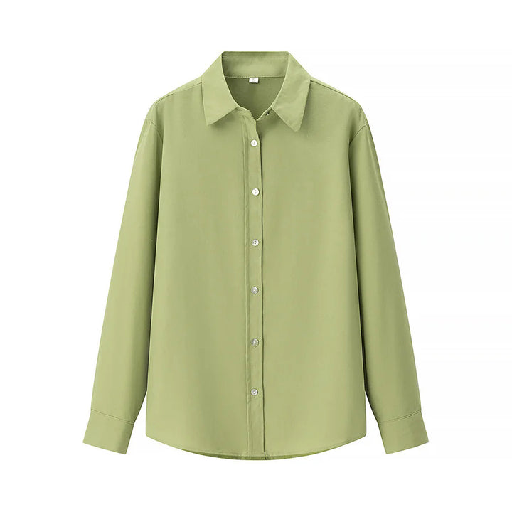 Women's casual oversized boyfriend shirt with shirt collar, concealed button placket, and rounded hem Mune Fashion