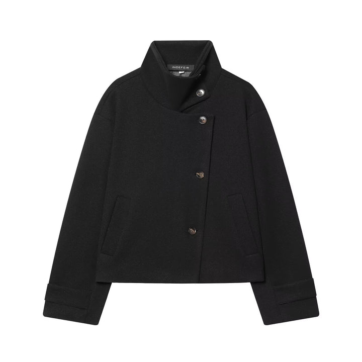 Women's Short Boxy Wool Coat with Asymmetrical Button Placket and Stand-up Collar Mune Fashion