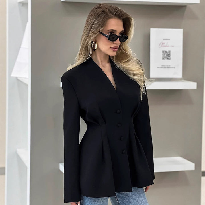 Women's nan tailored blazer with Vienna seams, covered buttons, and fitted pleated silhouette Mune Fashion
