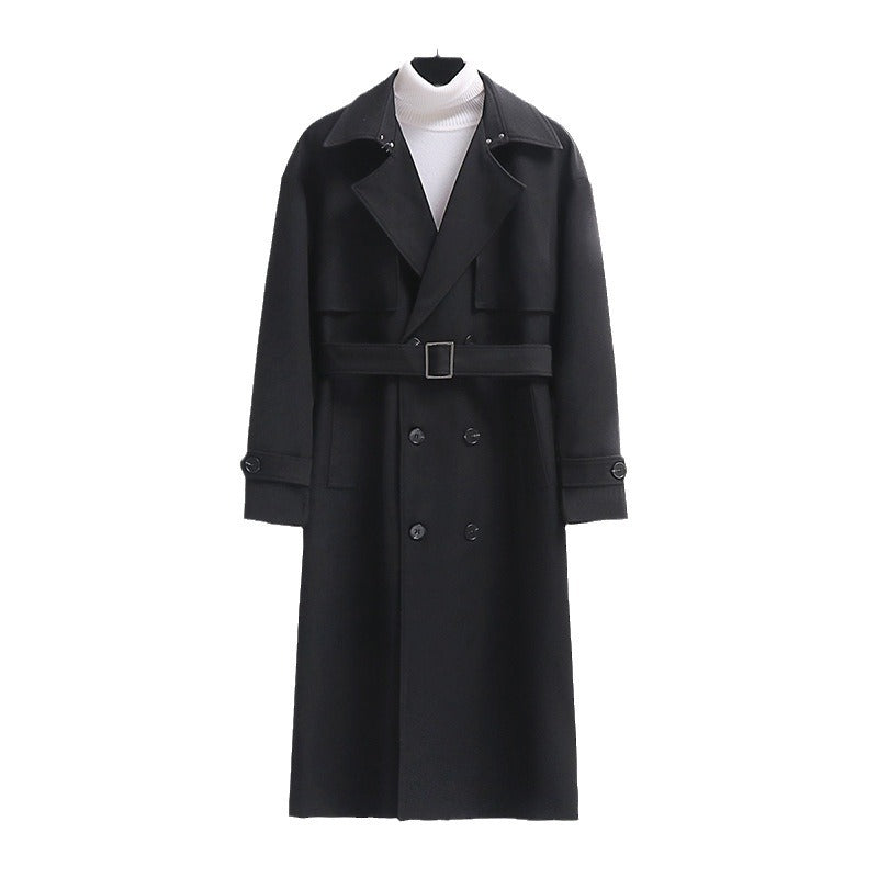 Men's Long Double-Breasted Trench Coat with Waist Belt and Oversized Shawl Collar Mune Fashion