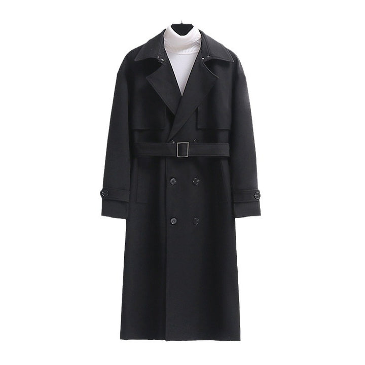 Men's Long Double-Breasted Trench Coat with Waist Belt and Oversized Shawl Collar Mune Fashion