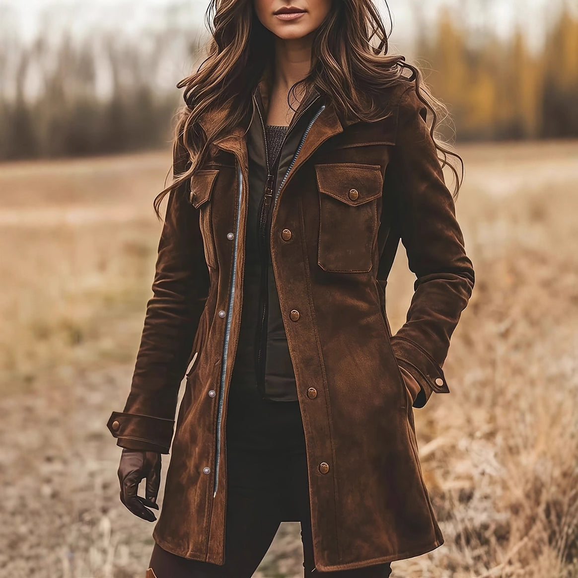 Women’s Long Suede Safari Jacket with Flap Pockets and Tailored Silhouette Mune Fashion