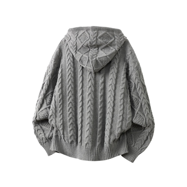Women Oversize Hooded Cardigan with Cable Pattern and Front Zipper Mune Fashion