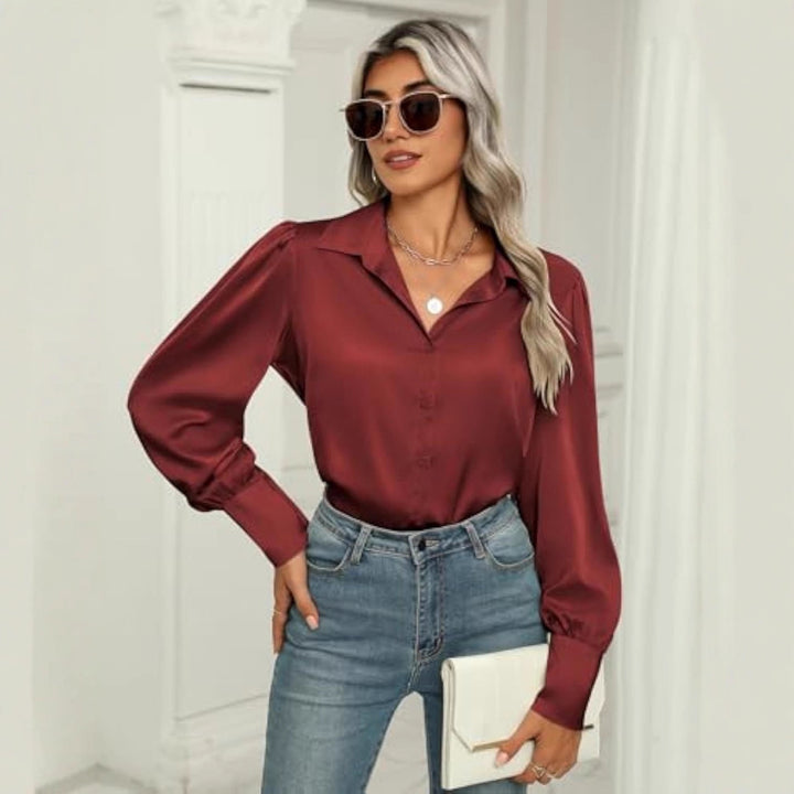 Women's silk look blouse with shirt collar, concealed button placket and long cuffs Drune
