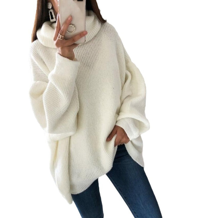 Women Oversize Knit Sweater with High Roll Collar, Casual Tunic Length and Balloon Sleeves Mune Fashion