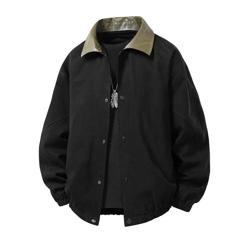 Men's Boxy Coach Jacket in minimalist layering style with contrasting faux leather collar, snap button closure & elastic hem Mune Fashion