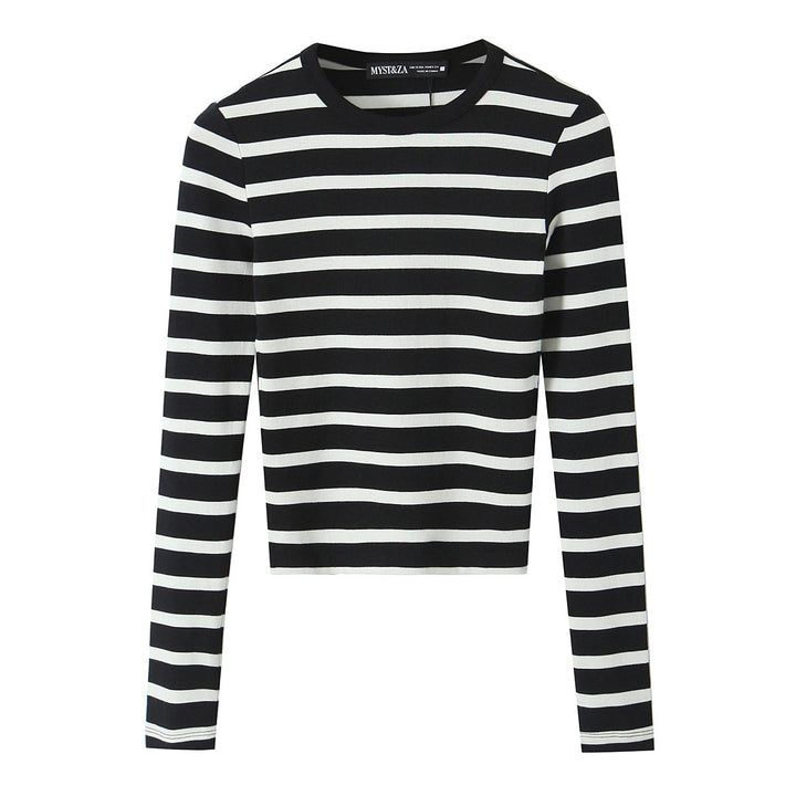 Women Striped Cropped Long Sleeve Shirt with Round Neckline Mune Fashion