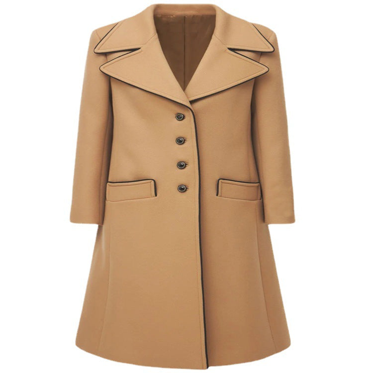Ladies Tailored Wool Blend Coat with Wide Lapels and Flared Skirt Mune Fashion