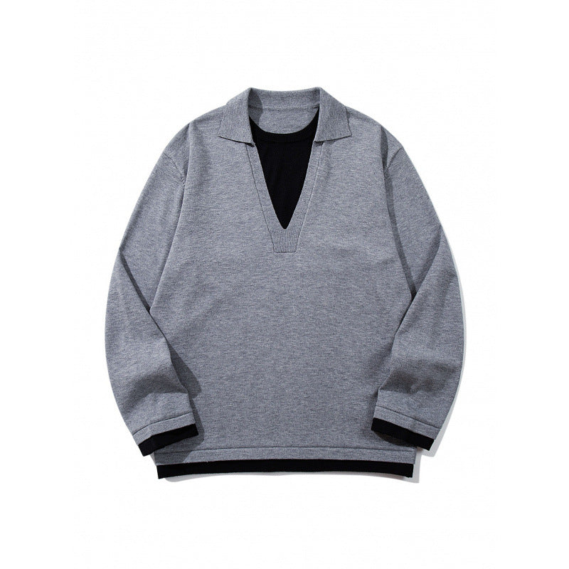Unisex Oversize Knit Sweater with Open V-Neck and Shirt Collar Mune Fashion