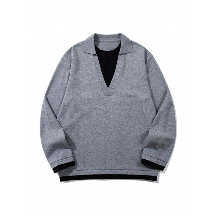 Unisex Oversize Knit Sweater with Open V-Neck and Shirt Collar Mune Fashion