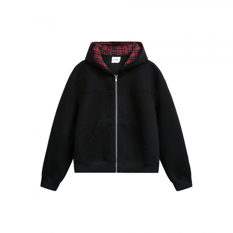 Women's Boxy Hooded Sweat Jacket with Full Zip, Checkered Lined Hood and Kangaroo Pockets Mune Fashion