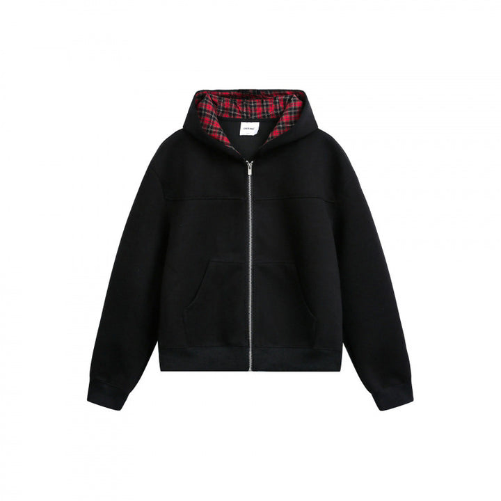 Women's Boxy Hooded Sweat Jacket with Full Zip, Checkered Lined Hood and Kangaroo Pockets Mune Fashion